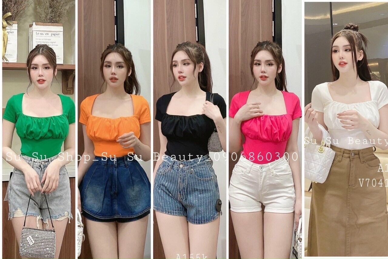 Áo thô cổ vuông rúm ngực nhiều màu
