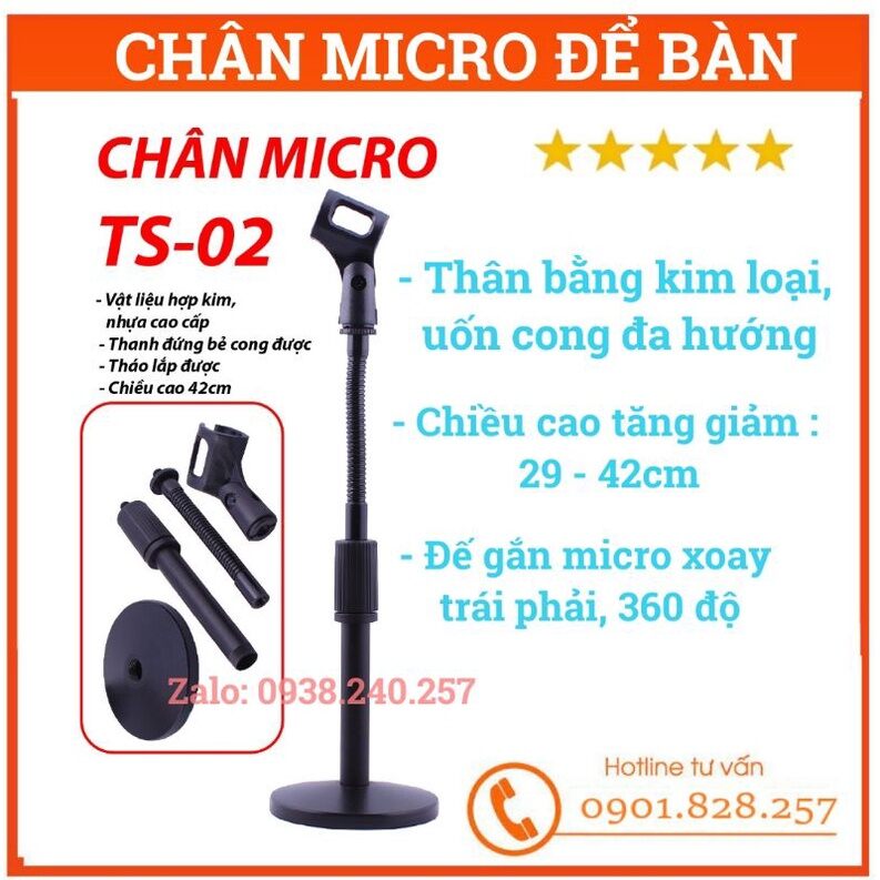 Chân micro để bàn cao cấp TS-02 làm bằng kim loại dẻo uốn cong đa hướng chỉnh độ cao - chân micro ts02 - chân để bàn micro