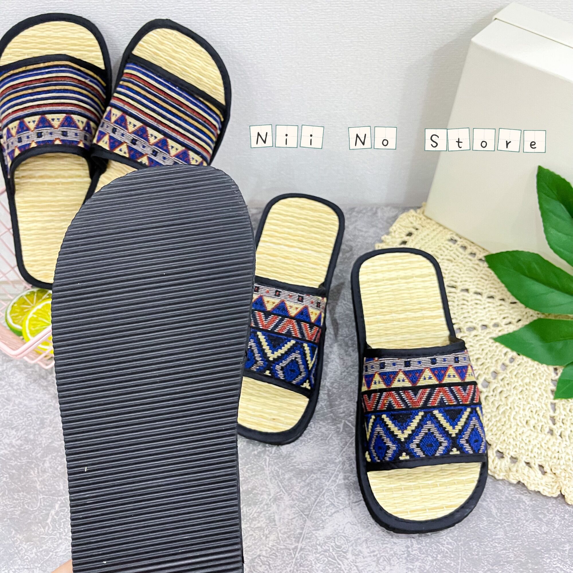 [ND025] Dép chiếu thổ cẩm xanh quai ngang