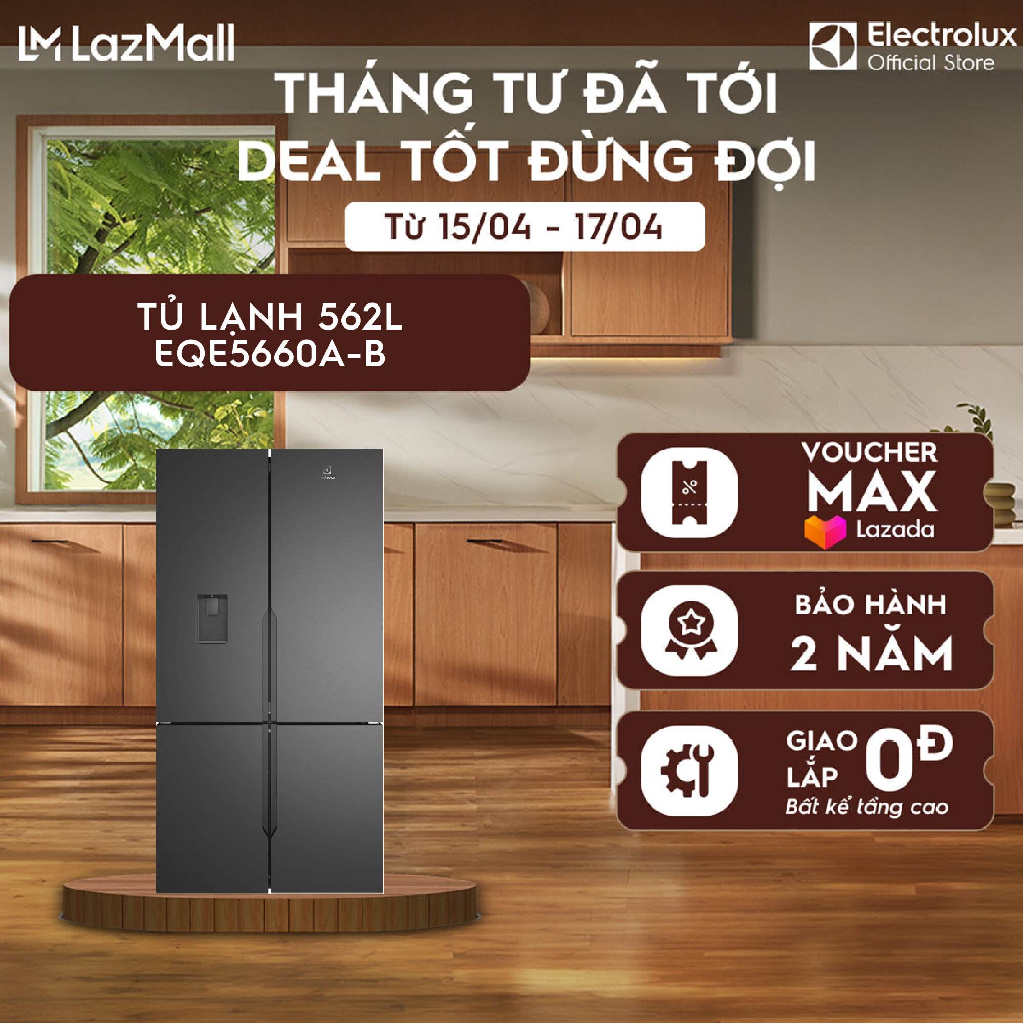 [Giao lắp 0Đ] Tủ lạnh Electrolux 4 cánh 562L EQE5660A-B - Đen nhám Matt, Ngăn đông mềm cao cấp, Lấy nước ngoài tiện lợi