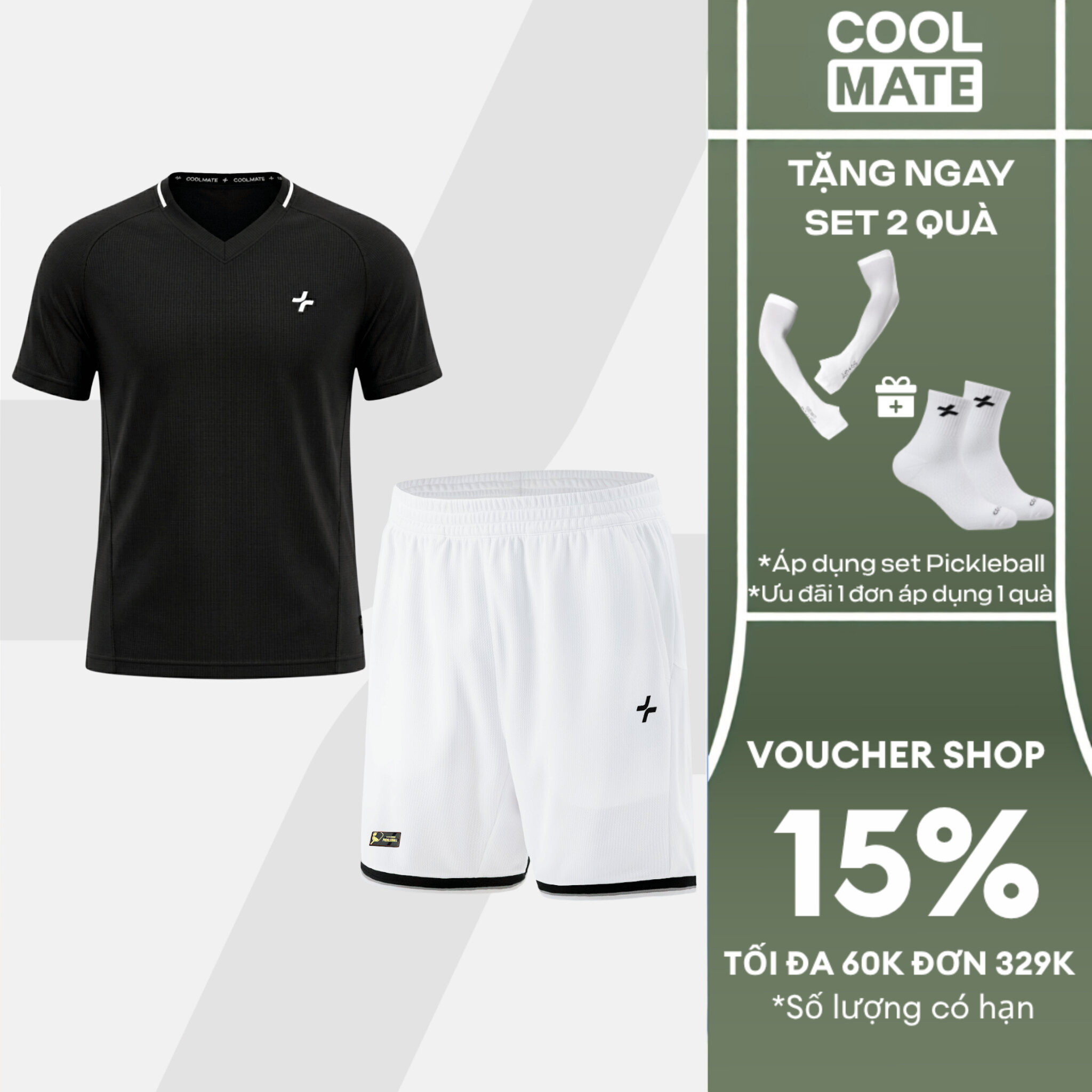 [TẶNG SET 2 QUÀ]Set đồ bộ thể thao nam Pickleball Áo thun cổ V và Quần short Essentials Nhanh khô,Thoáng Khí,Thấm hút Coolmate