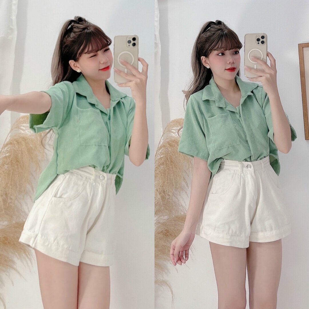 Áo Sơmi Nhung Tăm Croptop