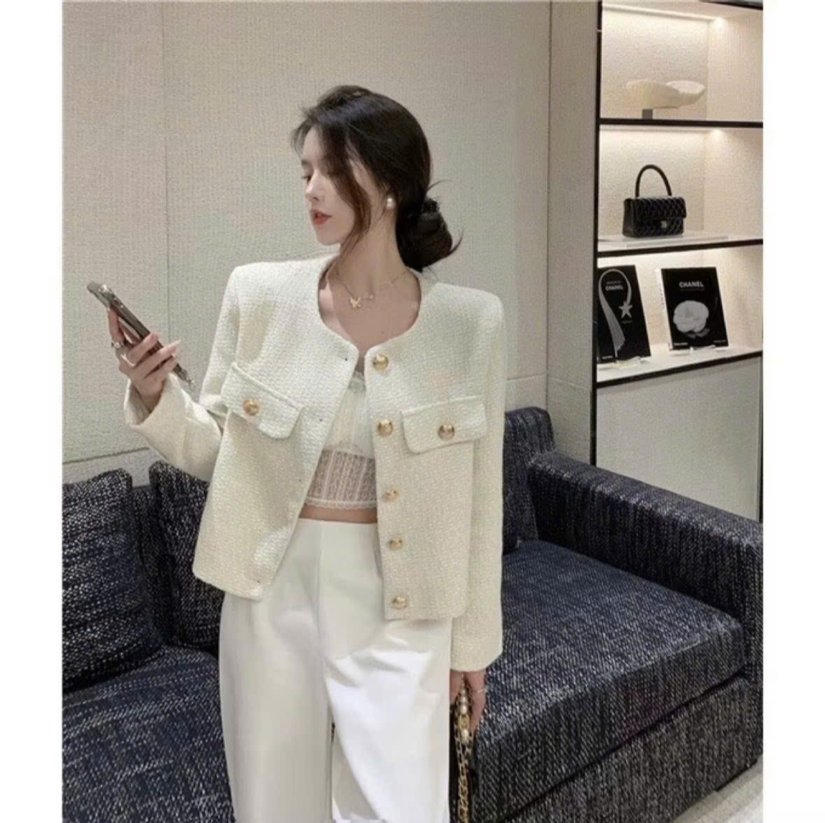 Áo khoác dạ ngọc lót lông tweed cao cấp hai lớp cổ tròn dành cho nữ - Women áo khoác Jacket Top áodạ