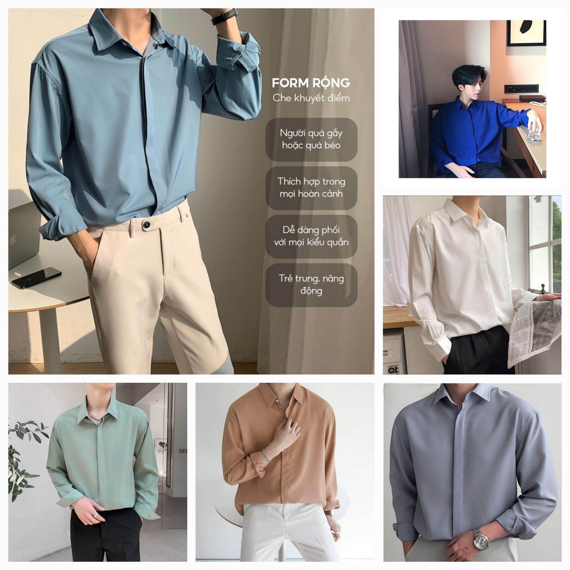 Áo sơ mi nam form rộng giấu nút unisex nhiều màu phong cách Hàn Quốc . Áo sơmi form rộng giấu nút LANTINO