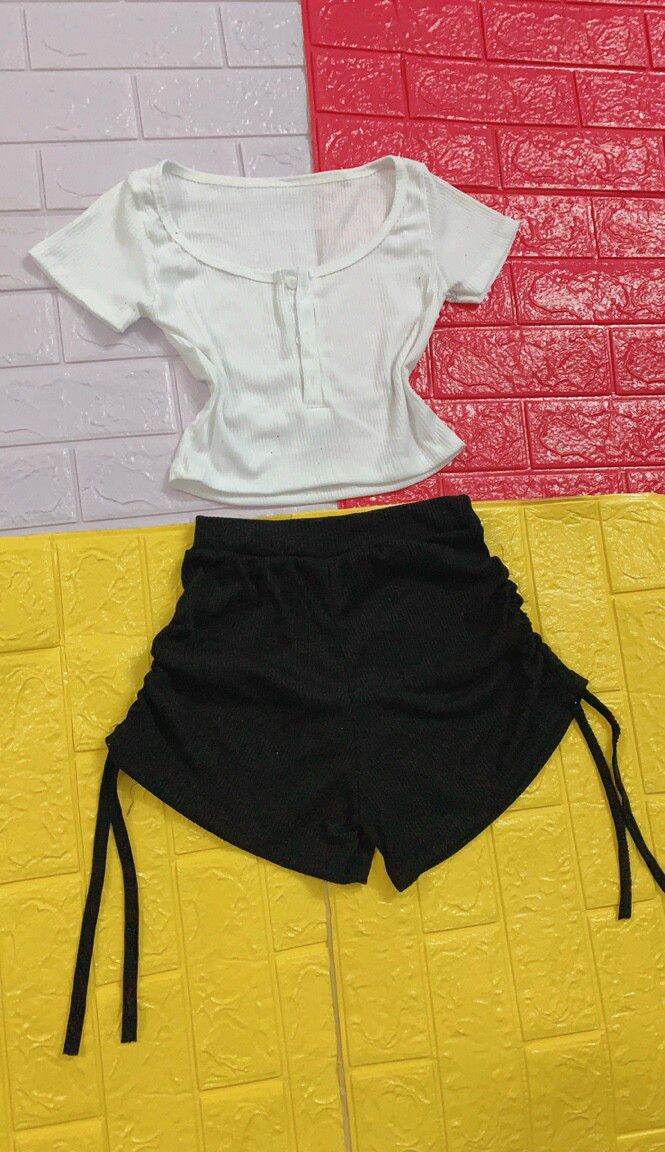 [HCM]SET Thun Gân Áo Croptop Quần Đùi Rút Dây