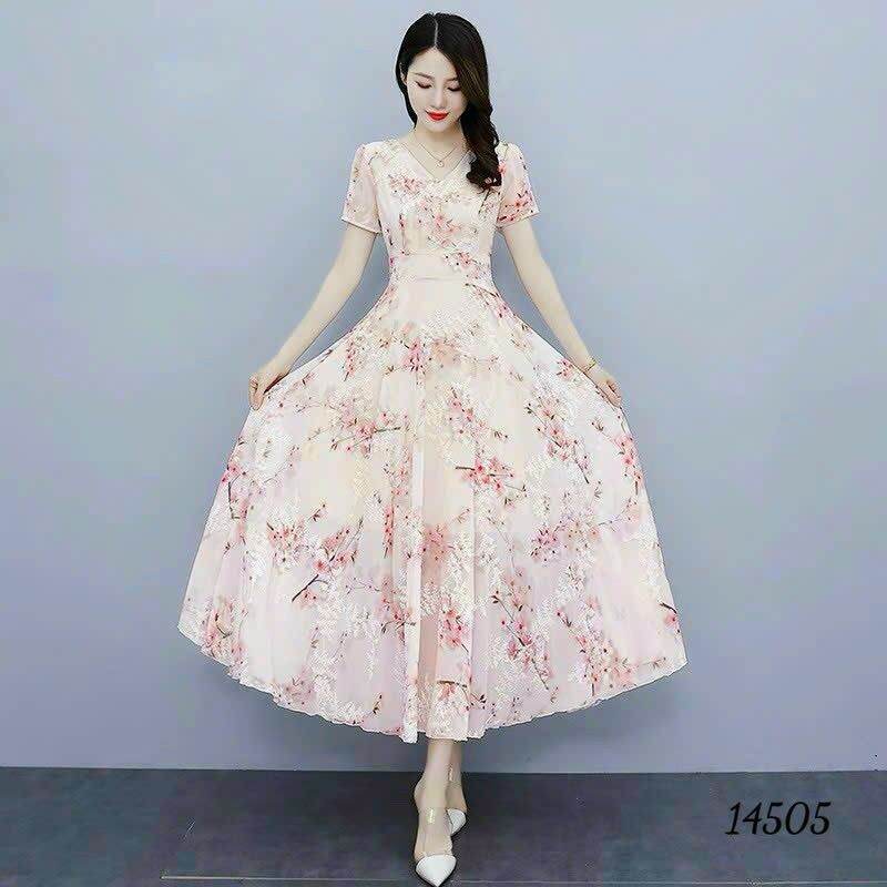 Đầm hoa chất lụa satin dáng dài size 40kg đến 70kg