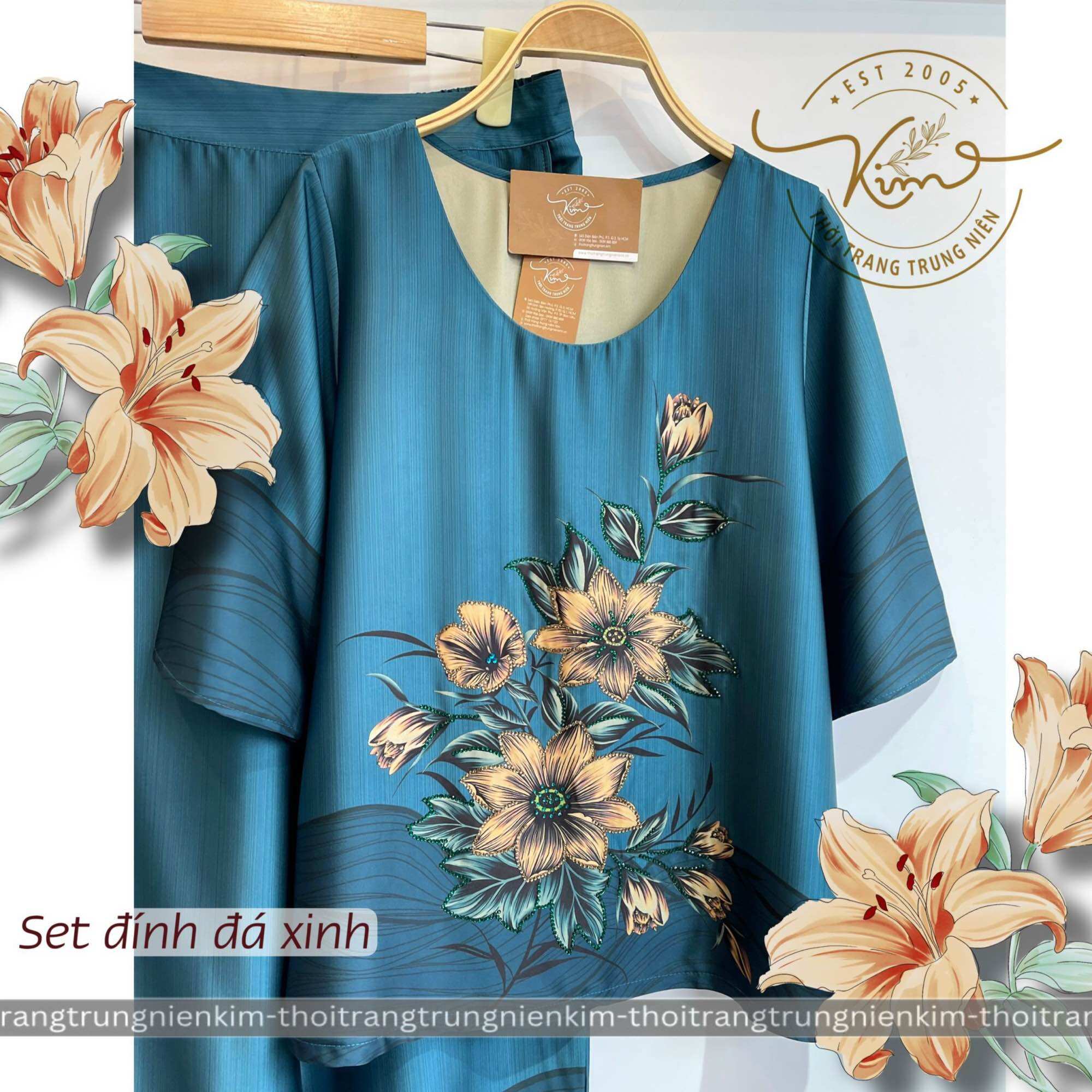 Sét bộ lụa trung niên cao cấp hoa văn xinh xắn sang trọng Bigsize quần dài 85cm