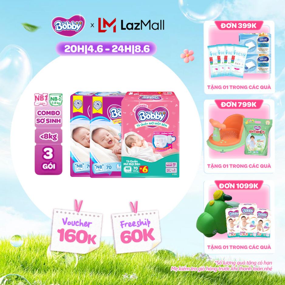 [QUÀ TẶNG HẤP DẪN TỪ 9-10.6][TẶNG MIẾNG NGẪU NHIÊN] Combo sơ sinh gồm 02 gói Tã dán Bobby NB70 miếng và  01 gói Tã quần mở một bên NB-S 74 miếng