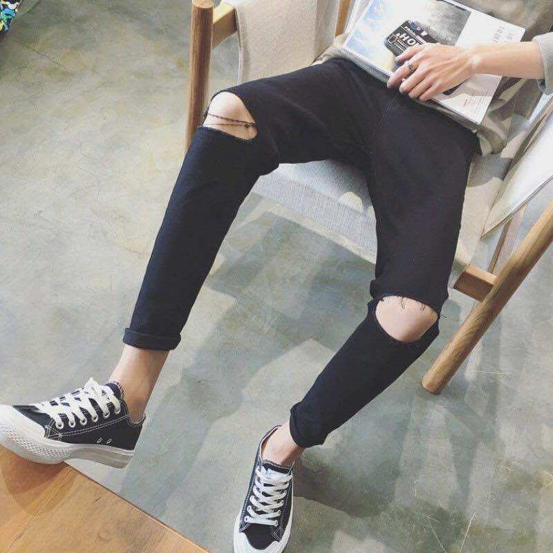 Quần jean nam rách gối màu màu đen co giãn dáng skinny cao cấp