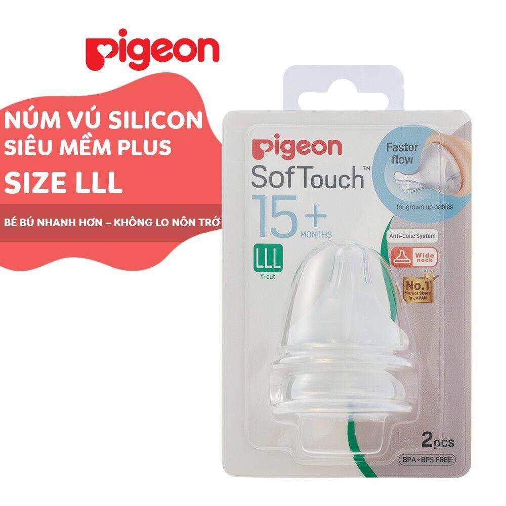 Núm vú Silicone siêu mềm Plus Pigeon sử dụng cho bình sữa Cổ rộng (2 cái /1 Vĩ)