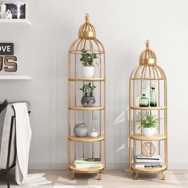 kệ lồng chim 4 tầng_ khung vàng mặt gỗ