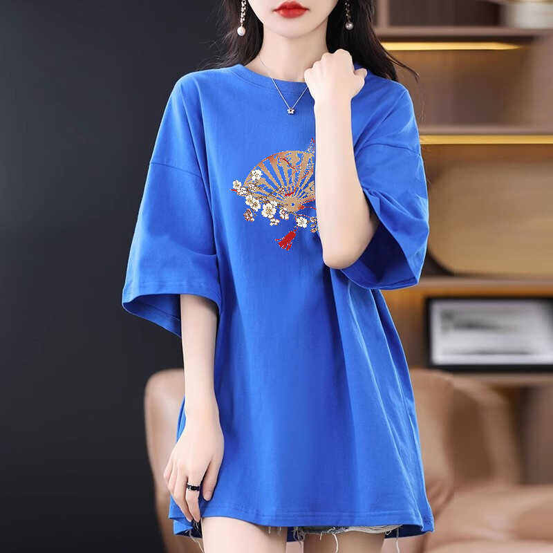 Áo Thun Nữ Tay Ngắn Phong Cách Trung Quốc, Áo Thun in Họa Tiết Mùa Hè, Cổ Tròn, Dài Vừa Phải, Thường Ngày, Tay Ngắn, Trung Tính
