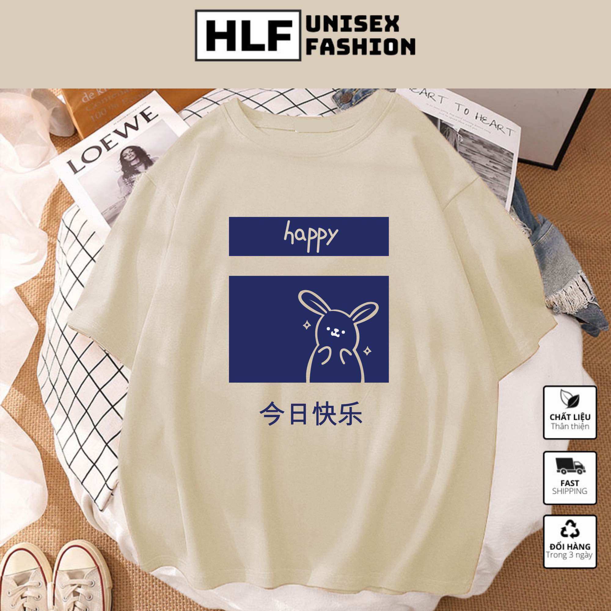 Áo thun tay lỡ form rộng Thỏ Happy Sad siêu đẹp áo phông form rộng size HLFashion