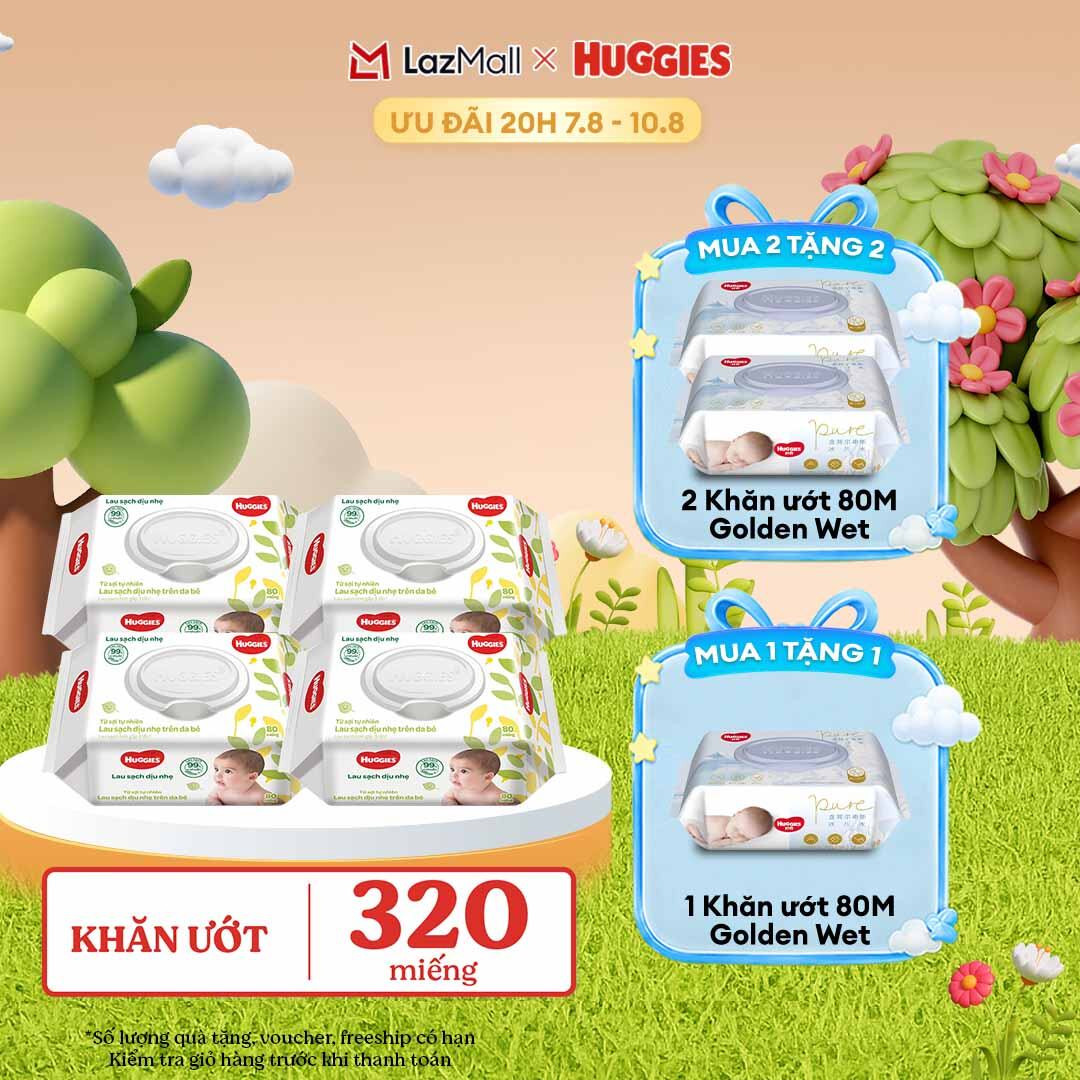 [20h 7-10.8 GIẢM THÊM 90K] Combo 4 gói Khăn giấy ướt cho trẻ sơ sinh HUGGIES 80 miếng không mùi