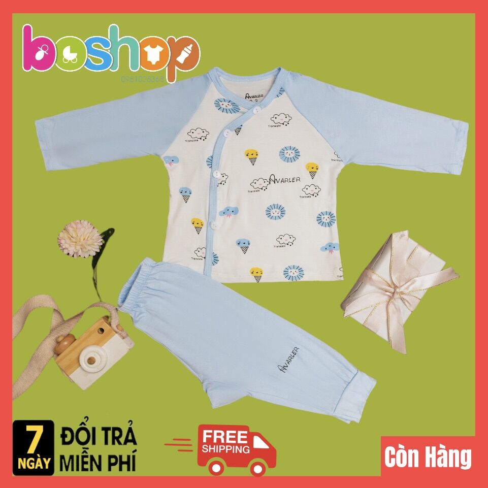 Bộ quần áo thun lạnh Avarler cúc chéo, quần đáp đũng cho bé sơ sinh