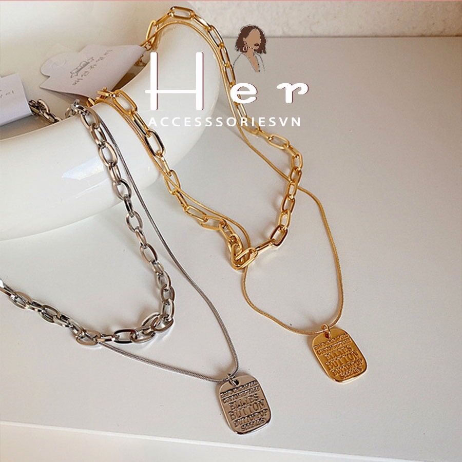 Dây chuyền, vòng cổ nữ, vòng choker dây xích mặt vuông cá tính, layer 2 tầng có thể tháo rời HER ACC C11