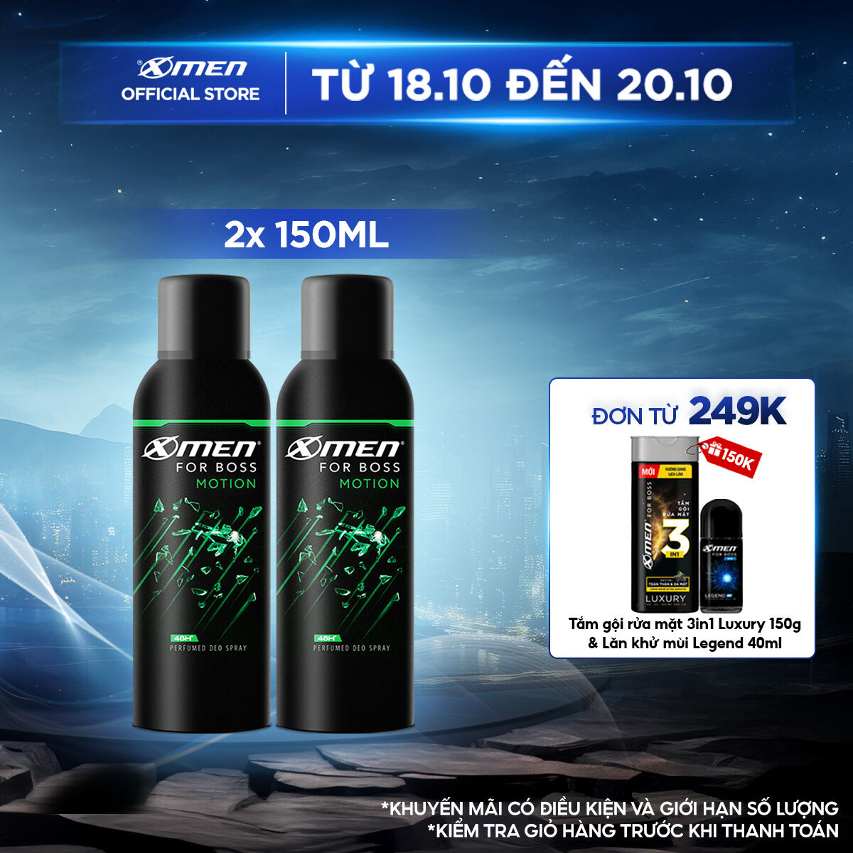 [Tặng 2 quà đơn 249k] Combo 2 Xịt khử mùi X-Men for Boss Motion 150ml