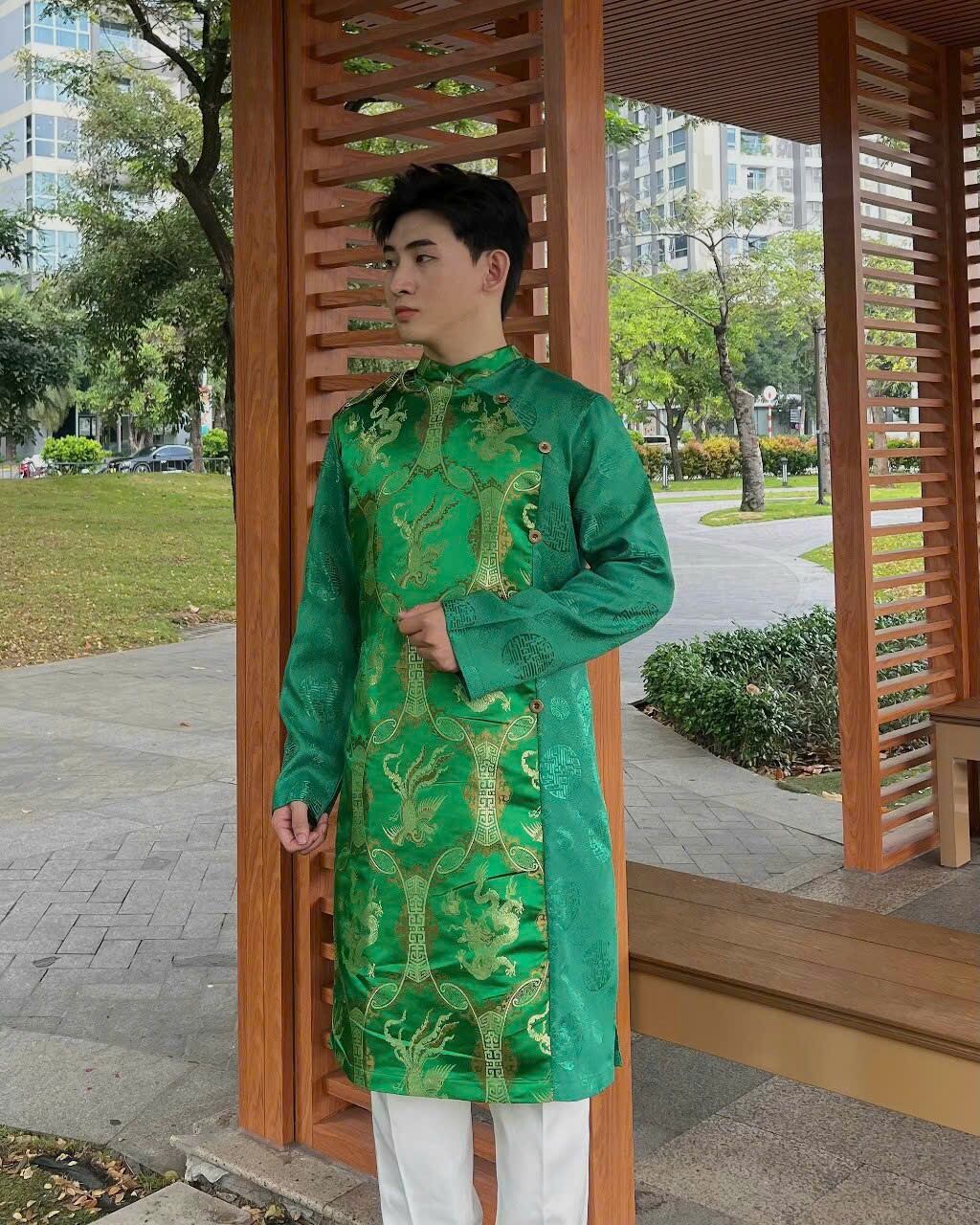 Áo dài gấm cách tân nam xanh lá MS001