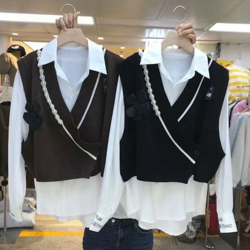 Áo len gile đính cườm, hoa vải