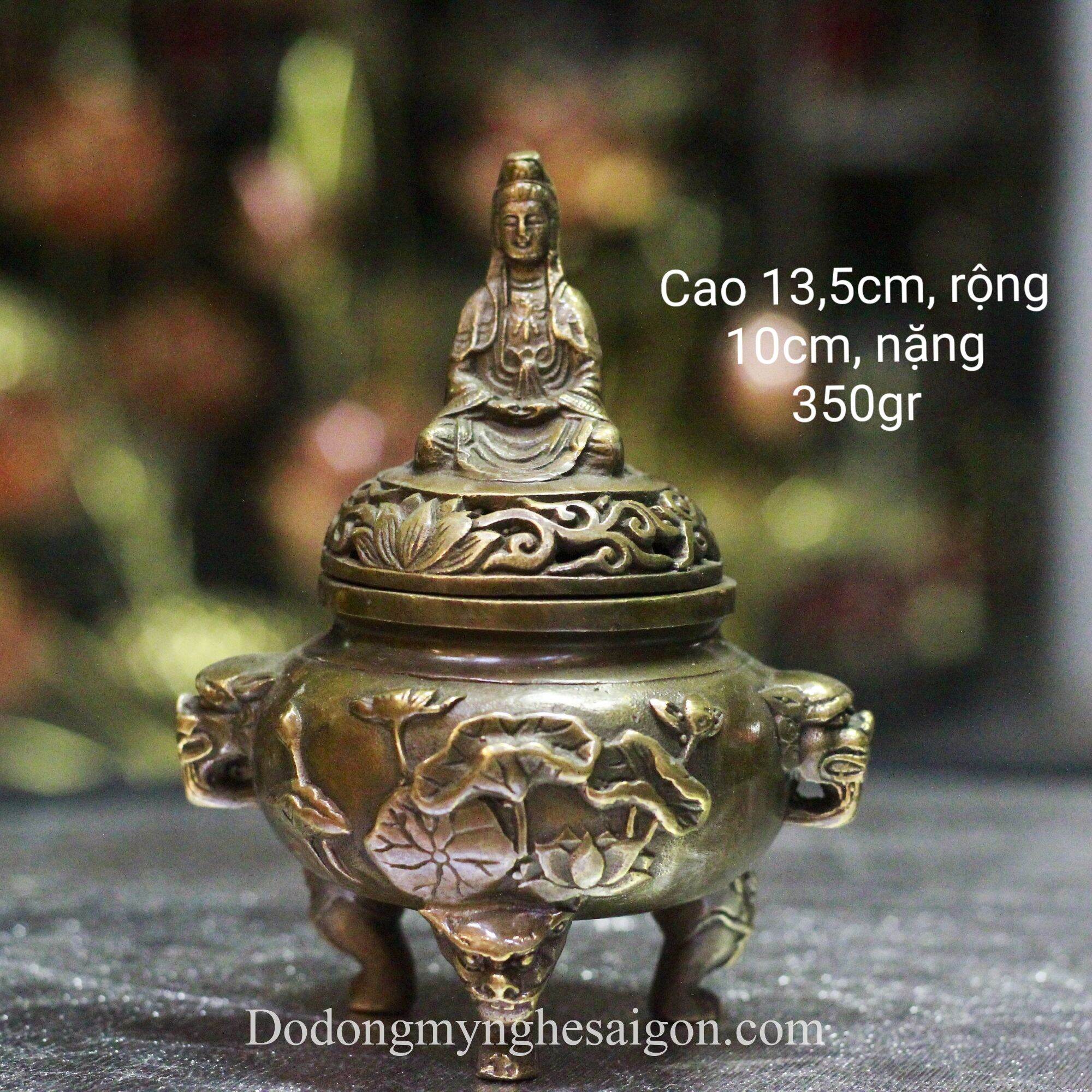 Lư xông trầm nắp Quan Thế Âm Bồ Tát, lư đốt trầm hương, đỉnh xông trầm bằng đồng