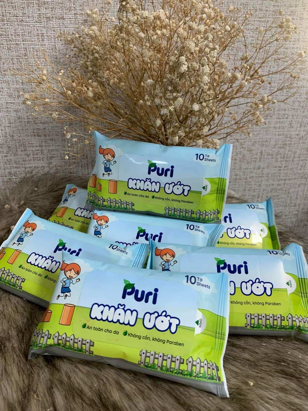 (Combo 10 gói) Khăn ướt không mùi Puri gói 10 miếng