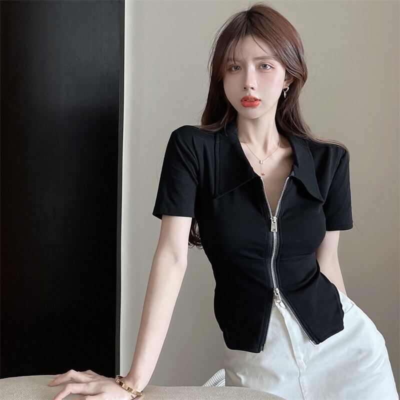 Áo thun ôm xẻ dây kéo hai đầu k5