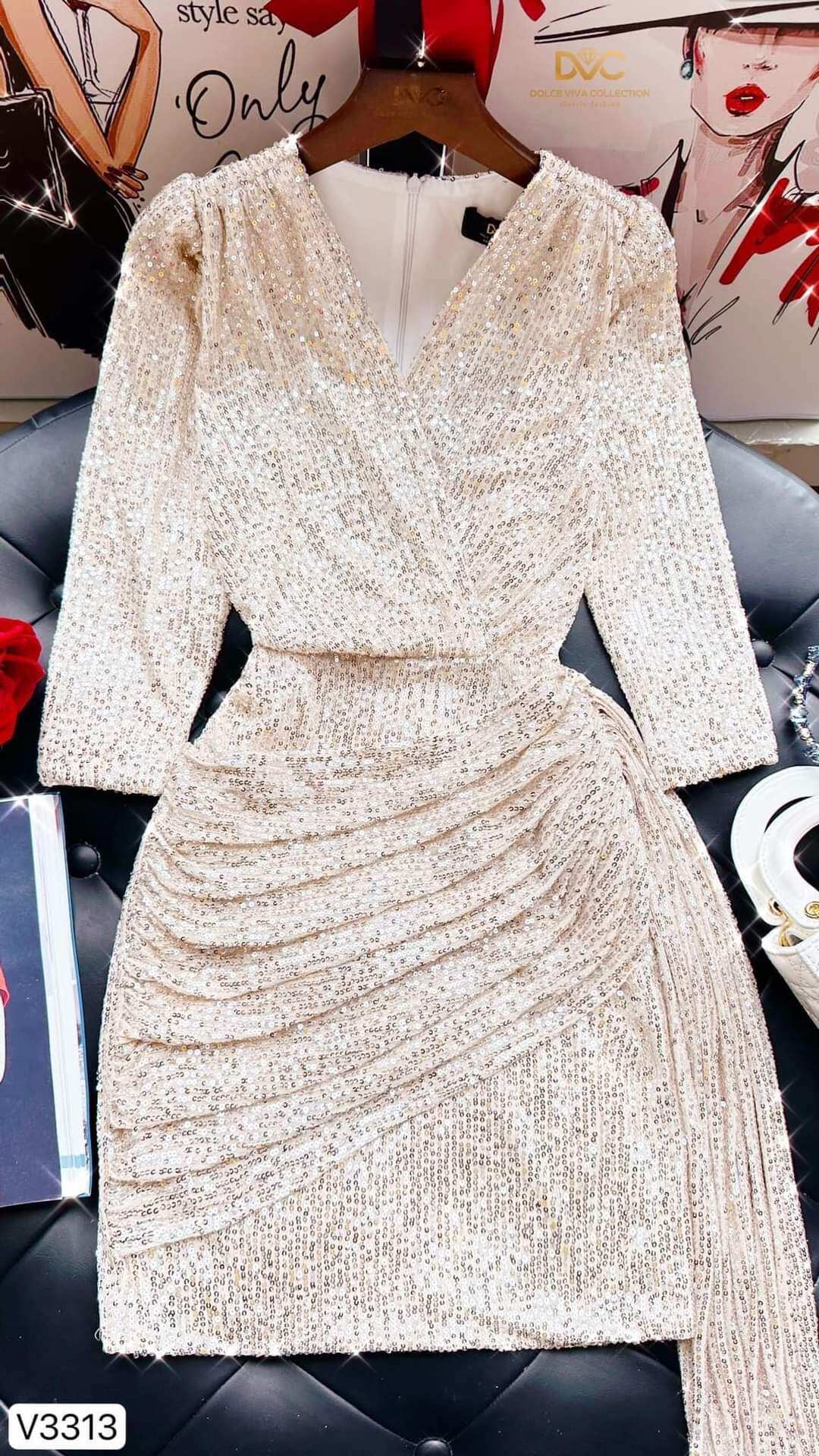 V3313 VÁY BODY KIM SA ÁNH BẠC ĐỔ TÀ