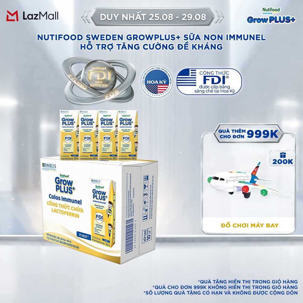 Thùng 24 Hộp Sữa Bột Pha Sẵn Nutifood Sweden GrowPLUS+ Sữa Non Immunel hộp 180 ml (Bao bì tuỳ lô hàng)