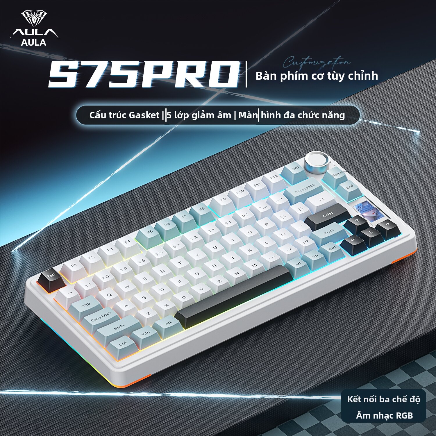 AULA | Bàn phím cơ AULA S75 PRO - Kết nối 3 chế độ (Tri-mode), Layout 75%, Tích hợp màn hình hiển thị