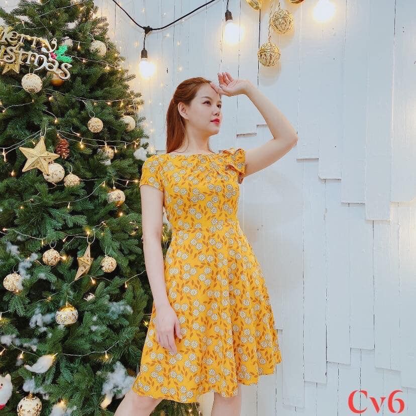 Đầm Lụa Vàng Hoạ Tiết Dáng Xoè A Đính Nơ CV6