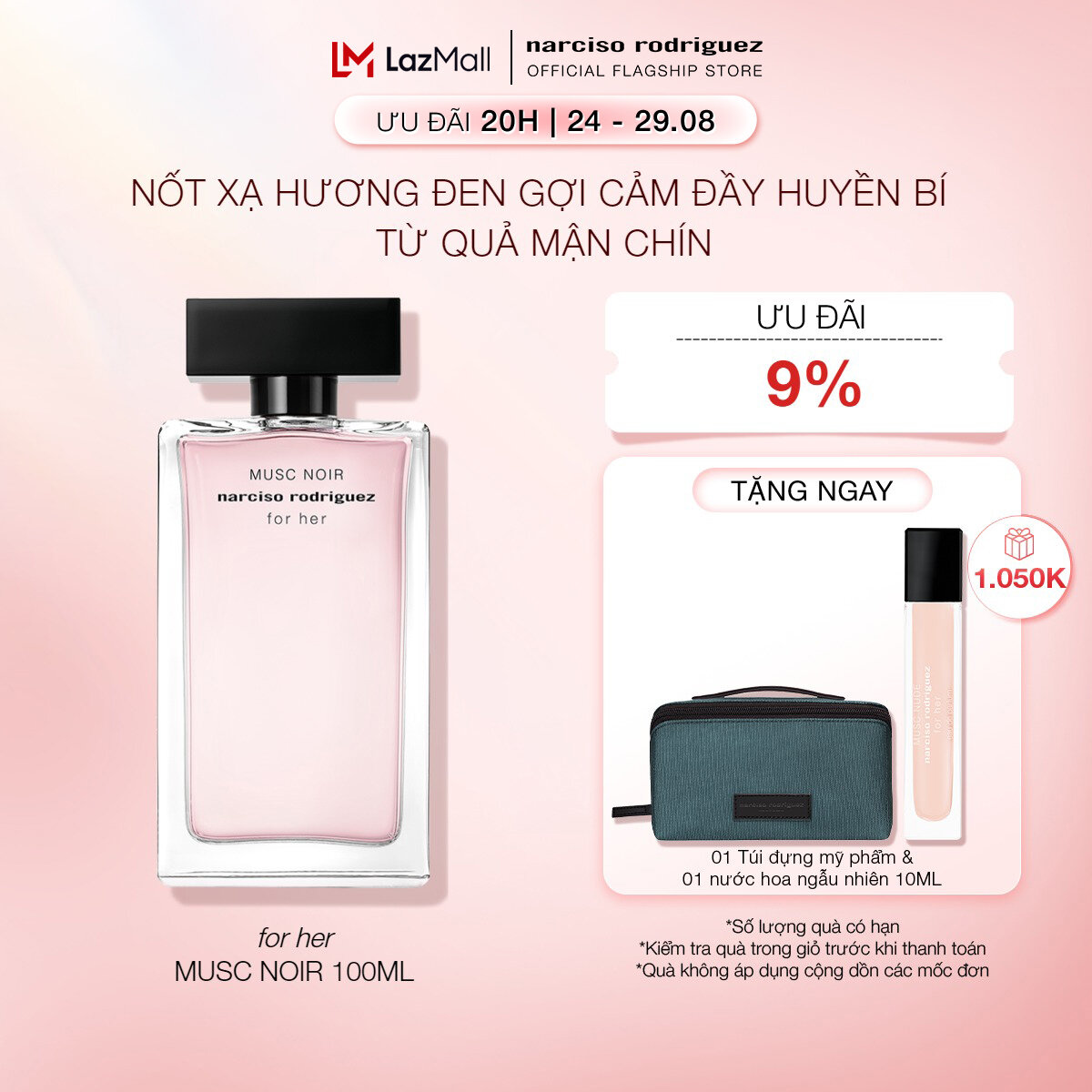 [20H | 24 - 29.08 | ƯU ĐÃI ĐẾN 19% + QUÀ TẶNG 1.050K] Nước Hoa nữ Narciso Rodriguez Musc Noir For Her Eau De Parfum 100ml