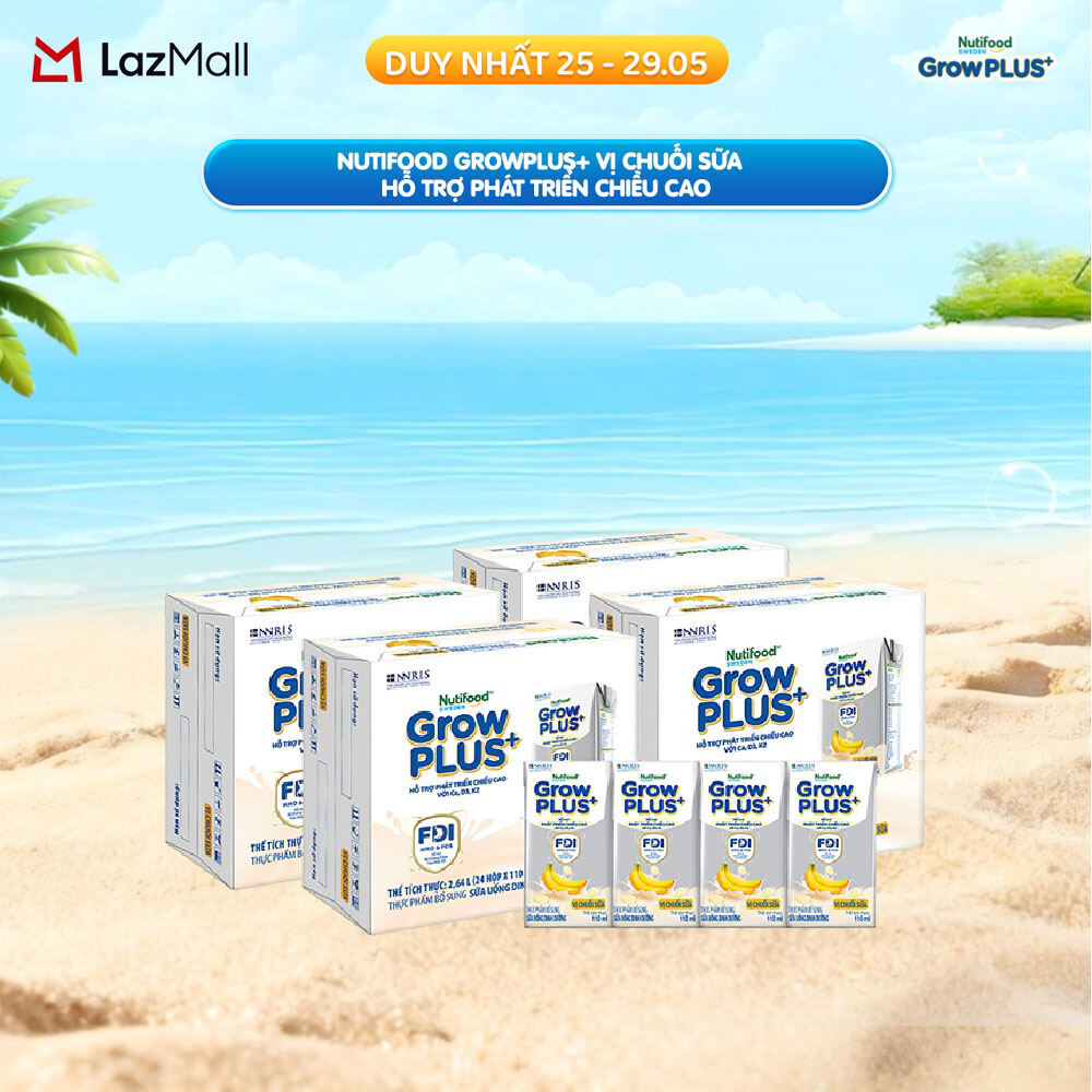 Combo 4 Thùng 24 hộp Sữa bột pha sẵn Nutifood GrowPLUS+ Vị Chuối Sữa hộp 110ml - Hỗ trợ phát triển chiều cao