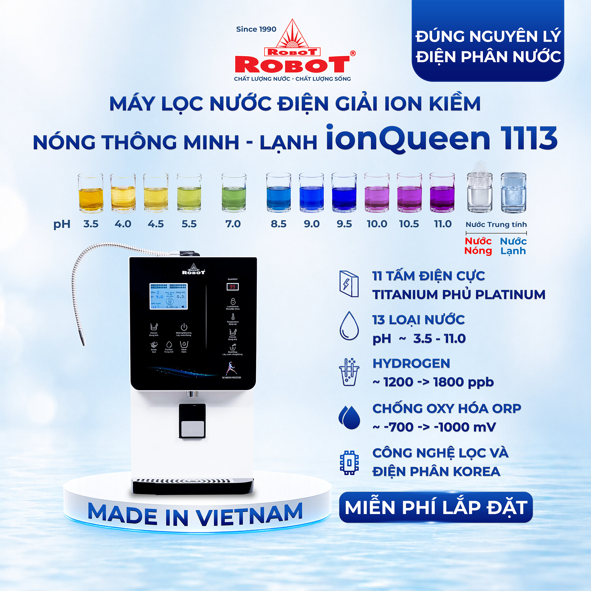 Robot Ionqueen Alkaline Ionized Water Purifier 1113 Hot and Cold Modes - 11 Platinum-Coated Titanium Electrodes