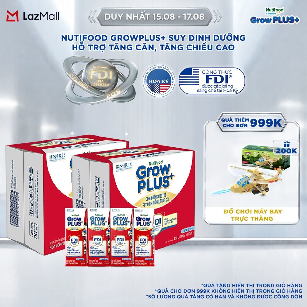 Thùng 48 hộp Sữa Nước Nutifood GrowPLUS+ Suy Dinh Dưỡng (Đỏ) - Hỗ trợ tăng cân tăng chiều cao Ít đường 180ml - Trên 1 tuổi (Bao bì tùy đợt nhập hàng)