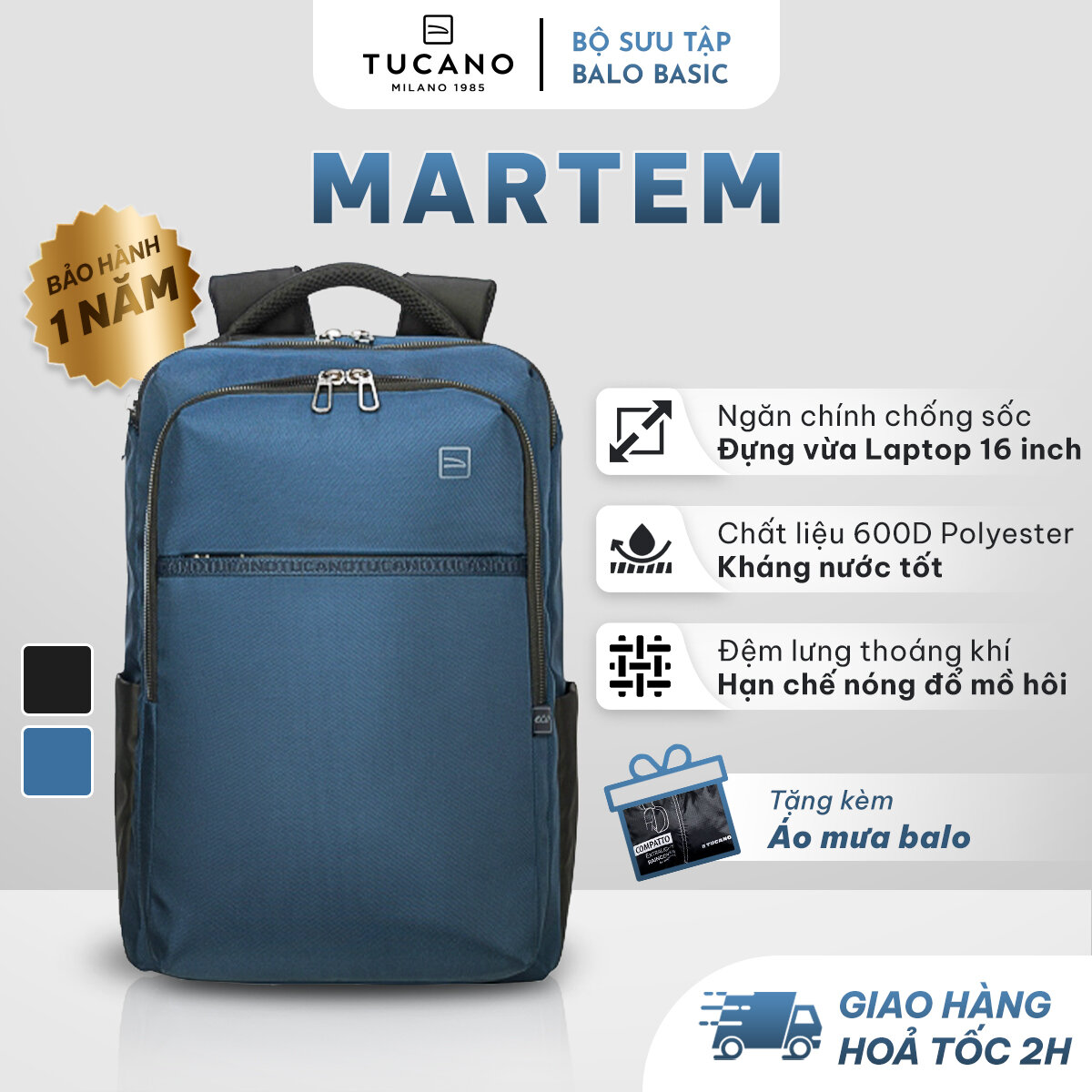 Balo laptop nam nữ tucano martem 16 inch - thiết kế kháng sốc bảo vệ thiết bị, bền đẹp, kháng nước tốt
