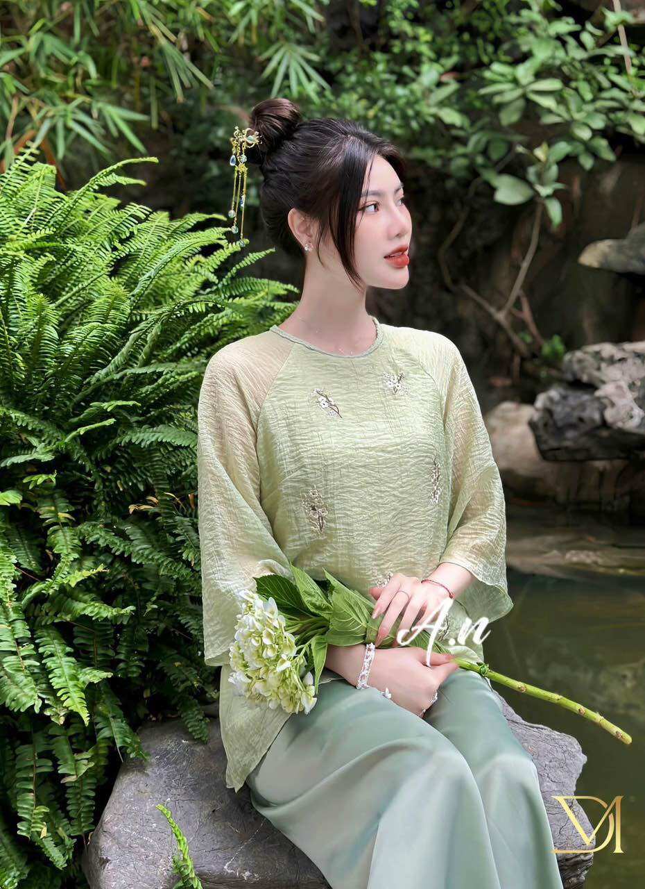 Đồ lam đi chùa,Bộ phật tử,Đồ đi chùa,Bộ lụa thêu hoa