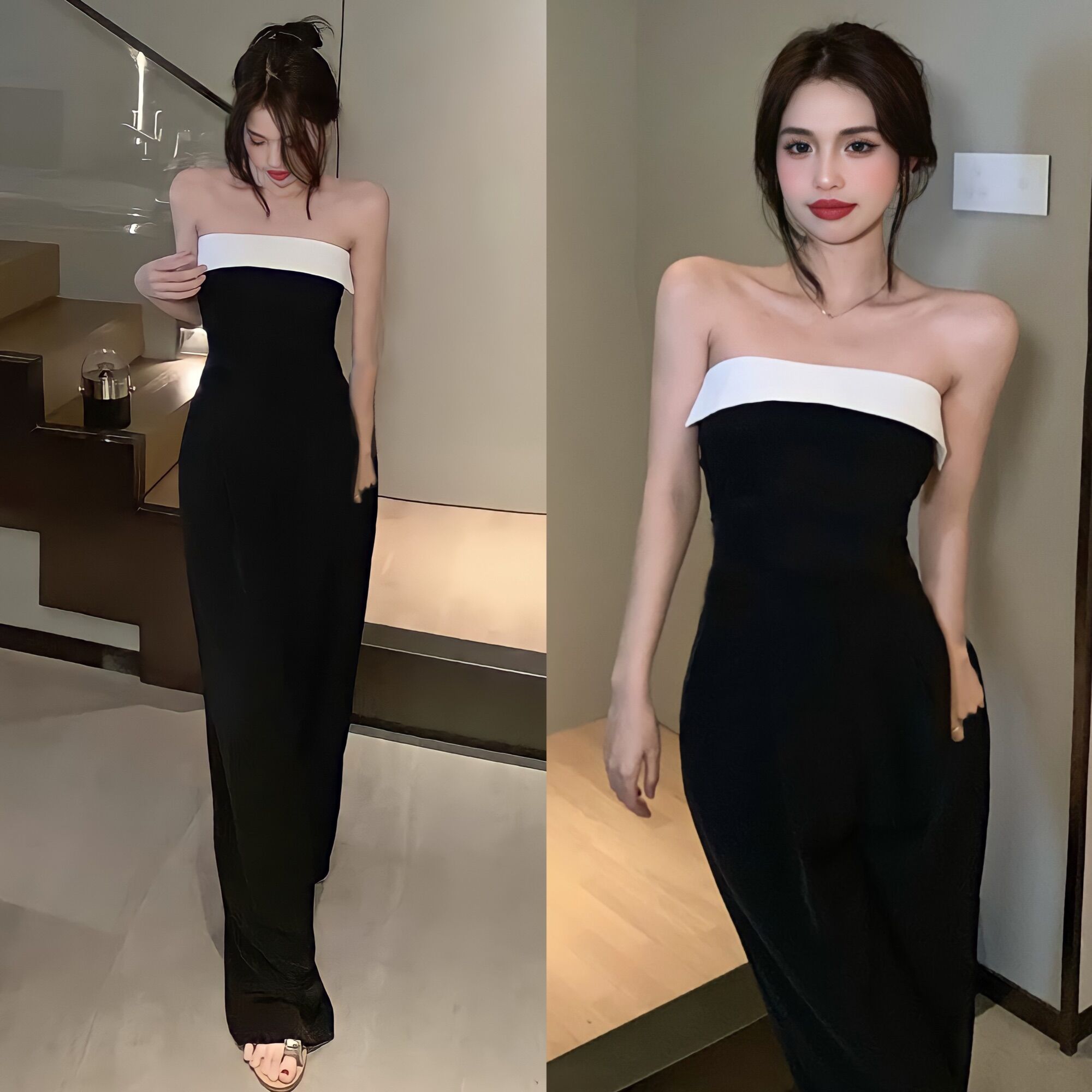 A45 đồ bay nữ dài jumpsuit dài đồ liền thân cúp ngực viền trắng có đệm ngực