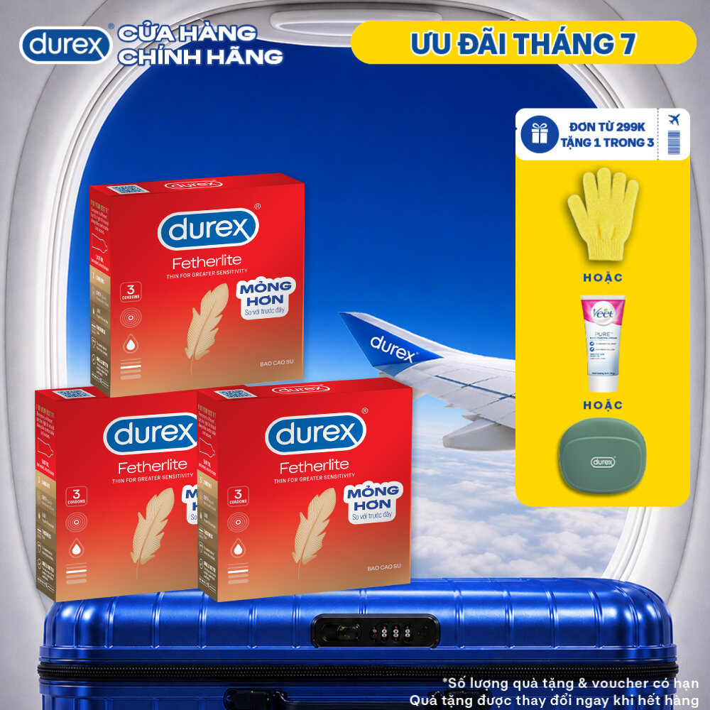 Bộ 3 hộp bao cao su Durex Fetherlite siêu mỏng, size 52.5mm, 3 bao/hộp