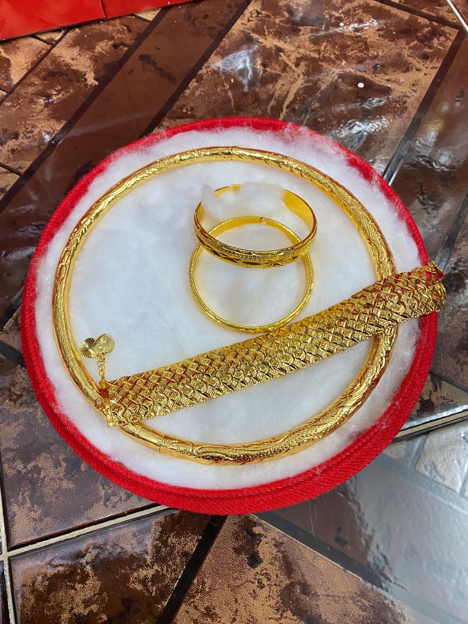 Set nguyên bộ trang sức cưới mạ vàng 24k gồm 1 kiềng cổ 1 lắc tay 2 vòng tay siêu đẹp siêu sang