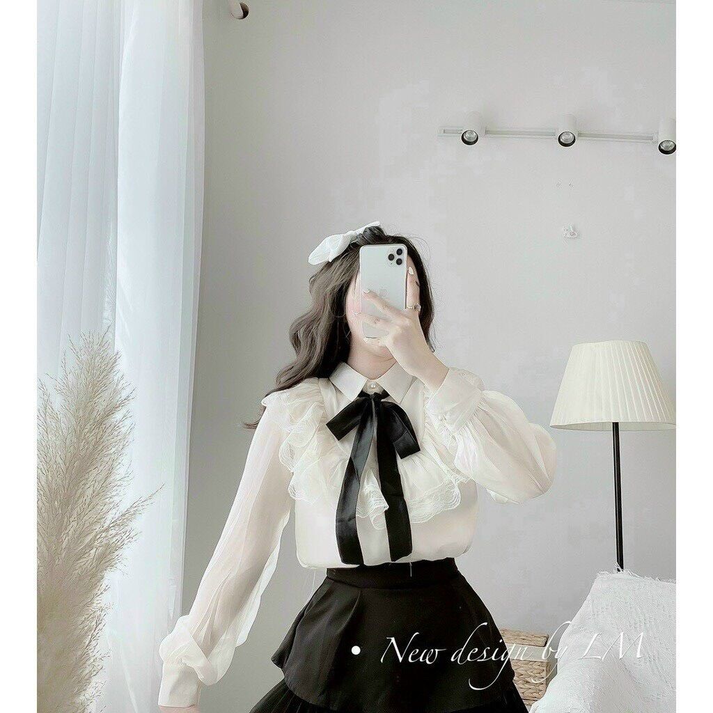 Áo sơ mi nữ cột nơ viền bèo