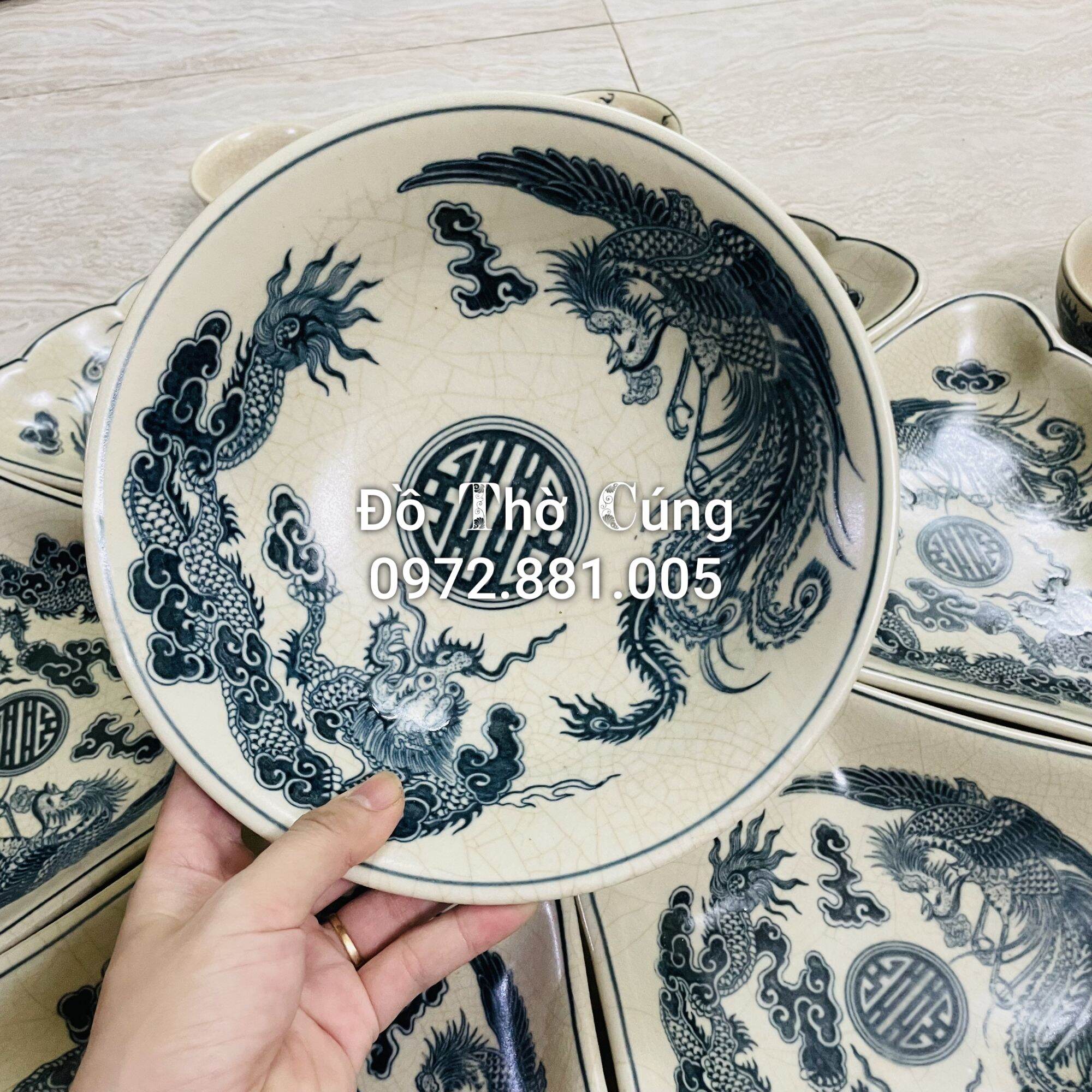 Bộ bát đĩa bày cơm cúng hoa mặt trời men rạn Đen