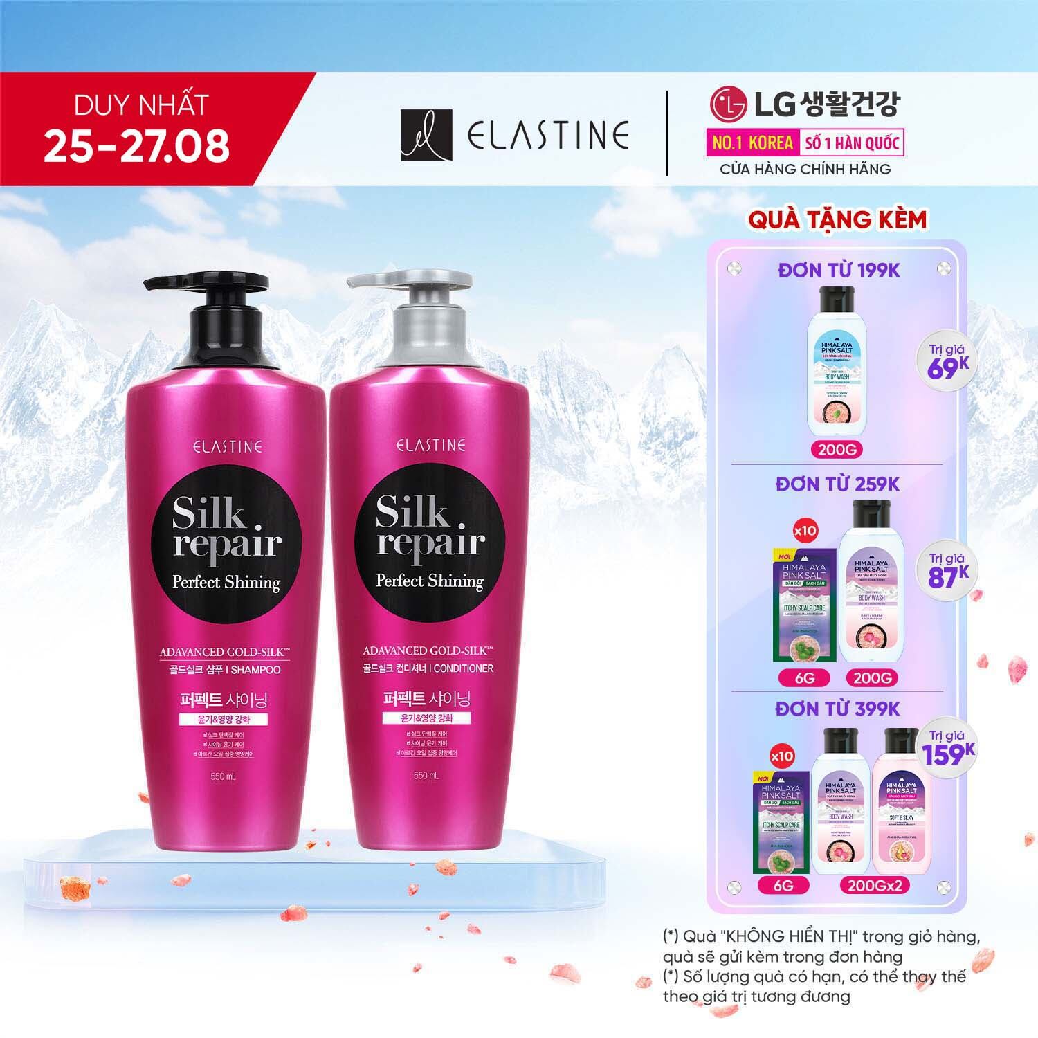 Bộ đôi gội xả chăm sóc và nuôi dưỡng tóc Elastine Silk Repair Perfect Shining Gold Silk 550ml x 2 - Hương Hoa Hồng sang trọng