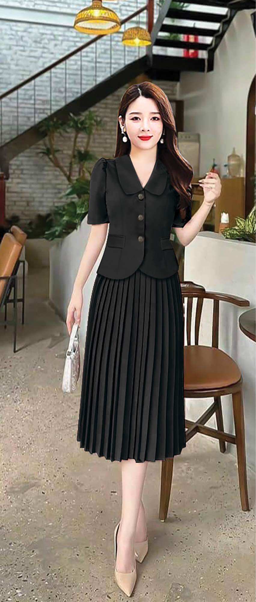 SET ÁO CỔ VEST CHÂN VÁY DẬP LY ÁO CỔ SEN TAY CON