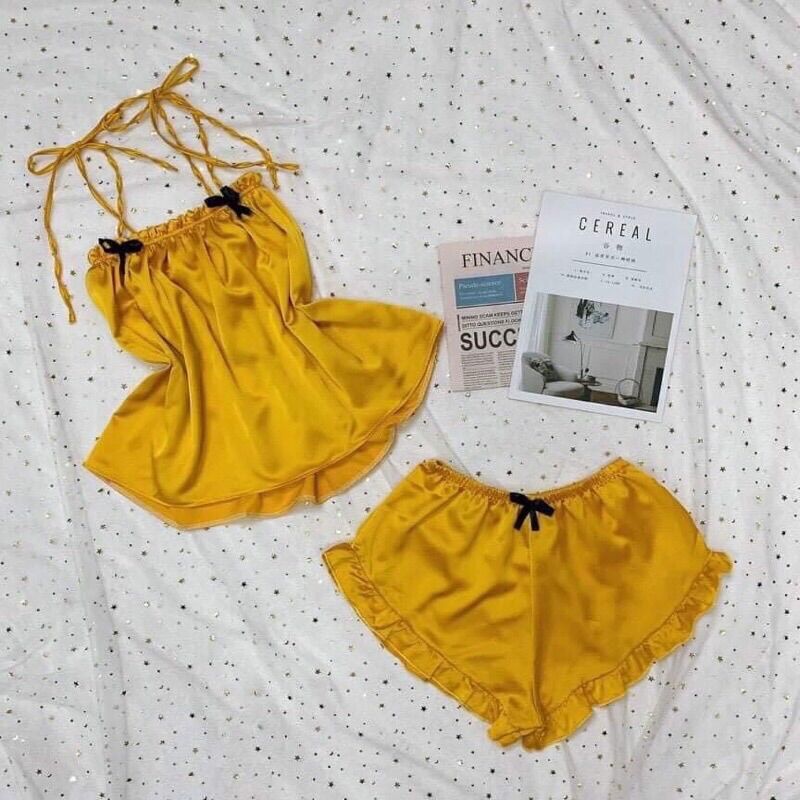 Bộ Ngủ 2 dây nơ thắtvai lụa satin(freesize dưới 65kg)