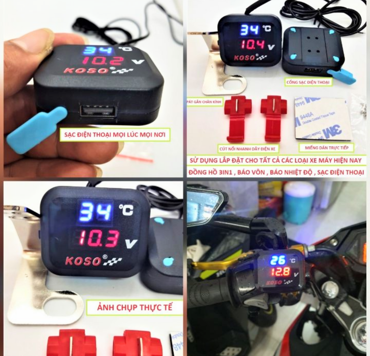Bộ sạc điện thoại kiêm báo nhiệt độ báo von 3in1 trên xe máy cực chất mẫu mới hàng chất lượng