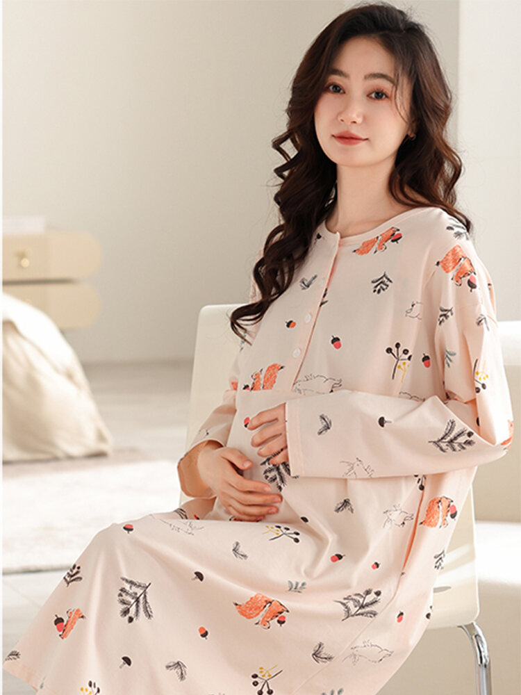 Bộ Đồ Ngủ Cotton Dài Tay Mùa Xuân Thu Đông Cho Bà Bầu Cho Con Bú Quần Áo Mặc Nhà Phong Cách Ngọt Ngào Cổ Tròn in Hoa