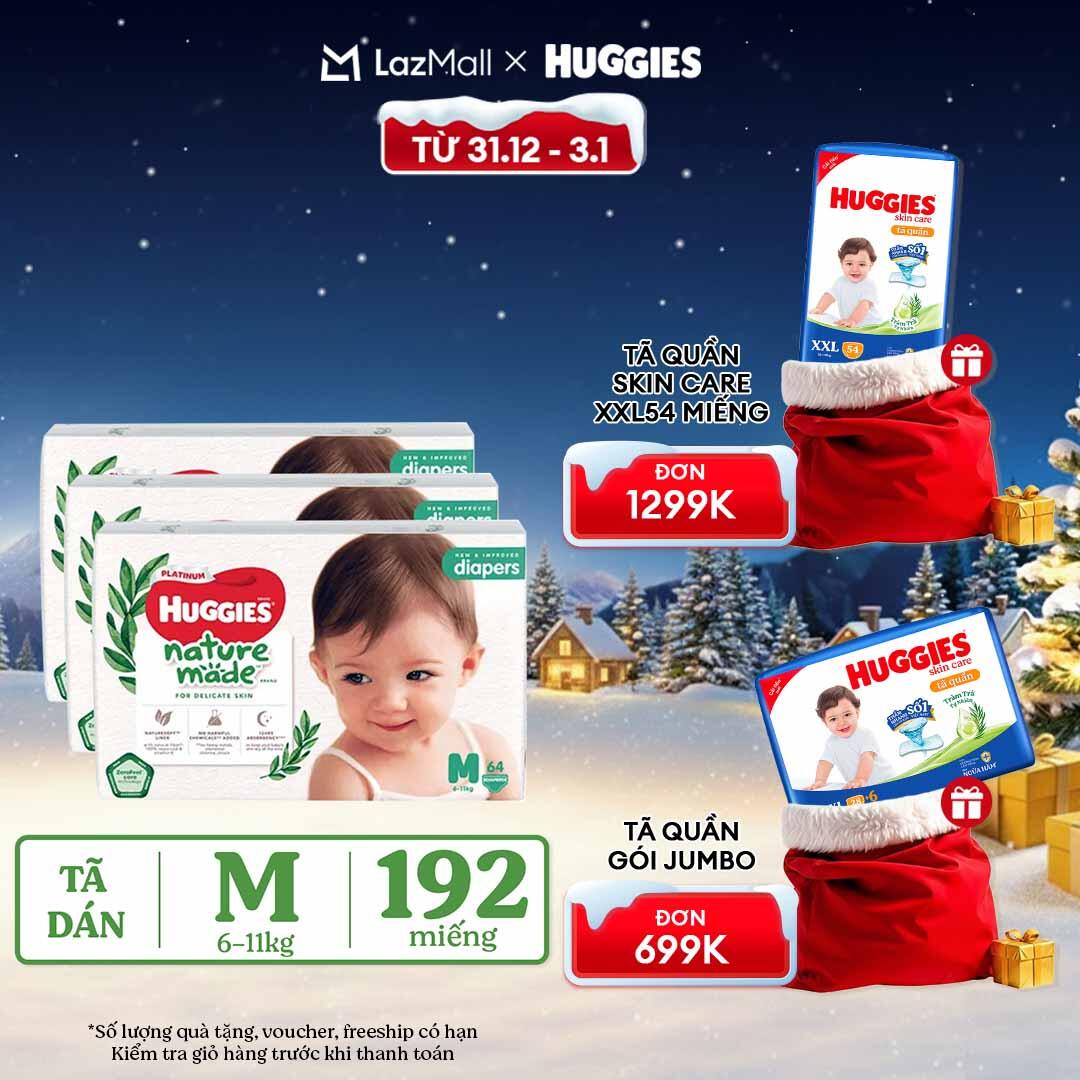   CHỈ 20h 31.12-03.01 QUÀ TẶNG ĐƠN 399K Combo 3 Tã Bỉm dán HUGGIES PLATINUM NatureMade M64  6-11kg -Gói Jumbo 64 miếng 
