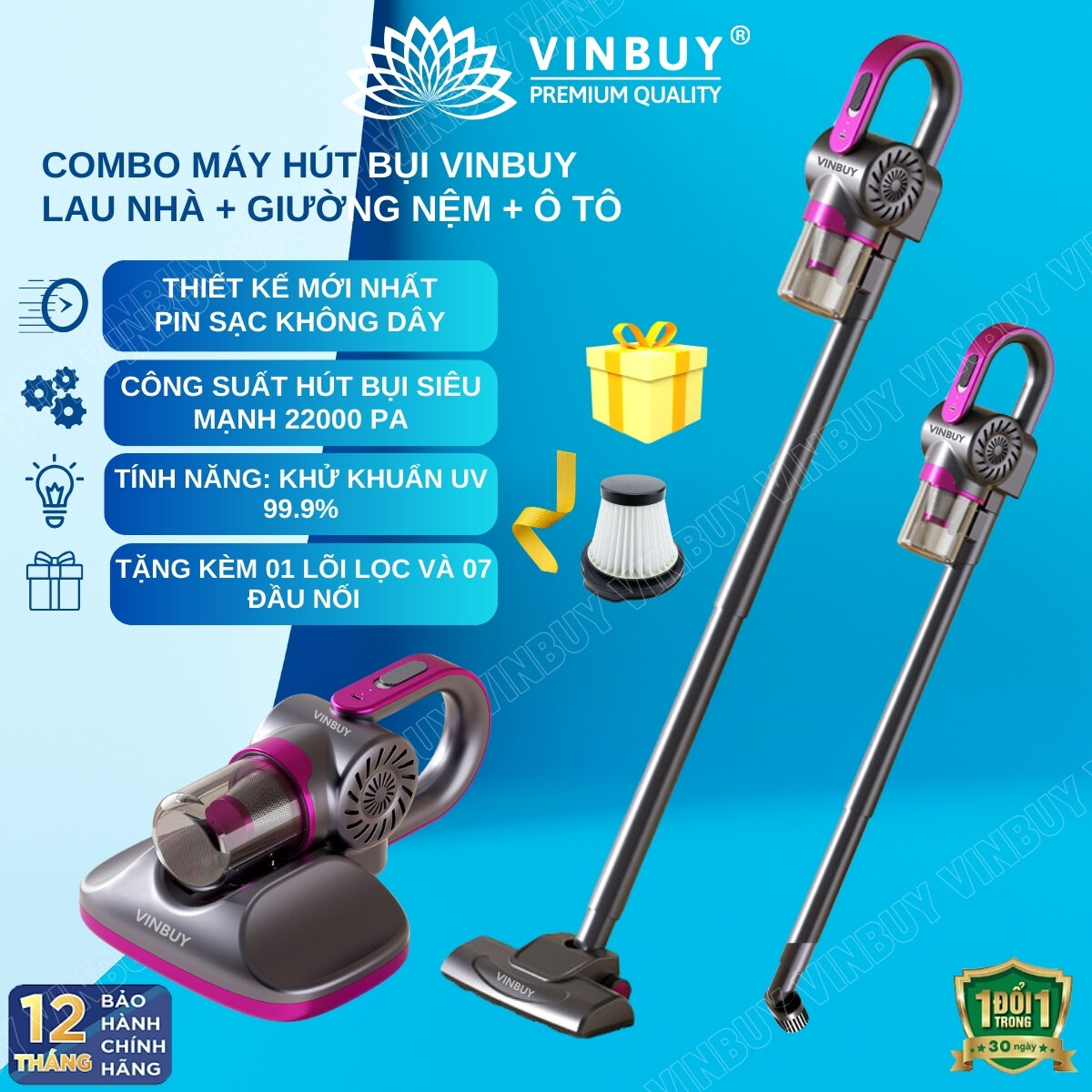 Máy hút bụi cầm tay 5 trong 1 không dây giường nệm lau nhà VINBUY, vacuum cleaner đa năng công suất mạnh 22000PA, hút bụi khô và ướt - Hàng chính hãng