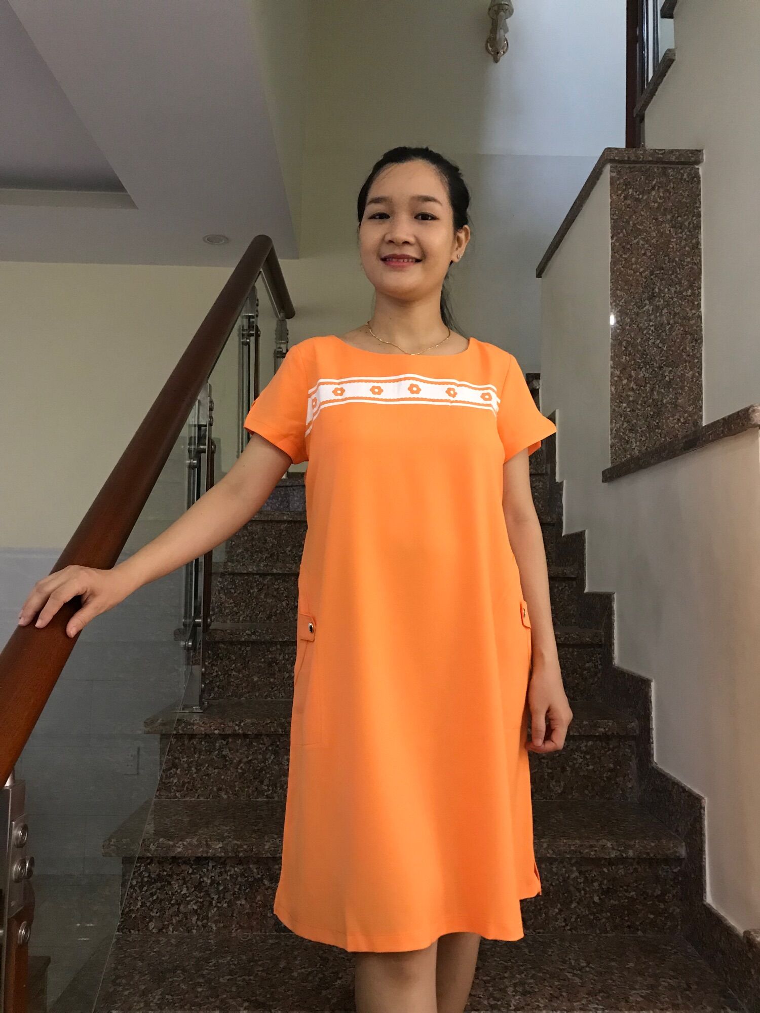 [HCM]Đầm bầu in hoa 2 túi (cam)