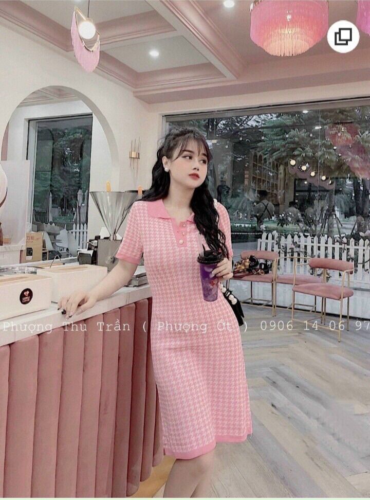 Váy đầm len body cổ bẻ cộc tay kẻ sọc